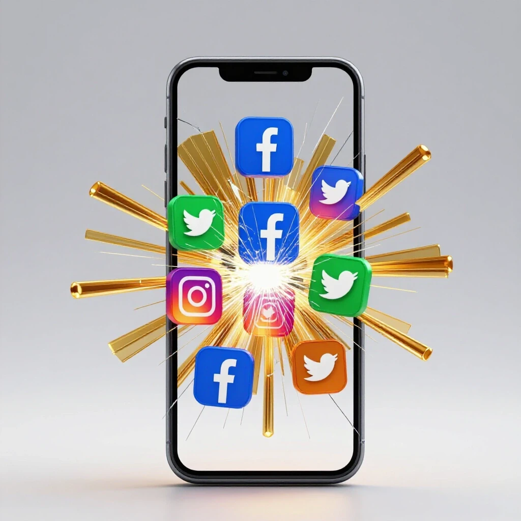 A shattered smartphone screen with colorful social media icons emerging from the cracks, symbolizing recovery and growth.