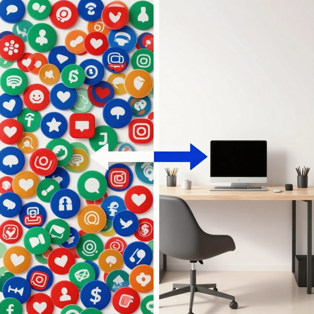 A split-image showing chaotic social media icons contrasting with an organized workspace, symbolizing clarity.