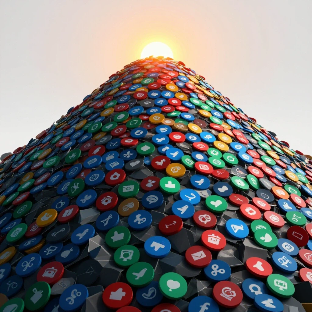 A steep hill made of crumpled social media icons with a bright sunrise at the top, symbolizing recovery from content failure.