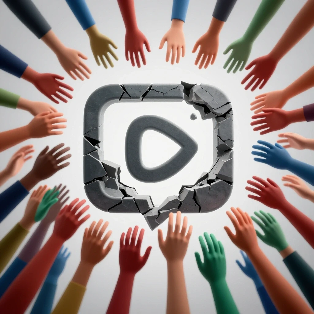A crumbling social media icon is surrounded by colorful hands reaching upward, symbolizing recovery and support.