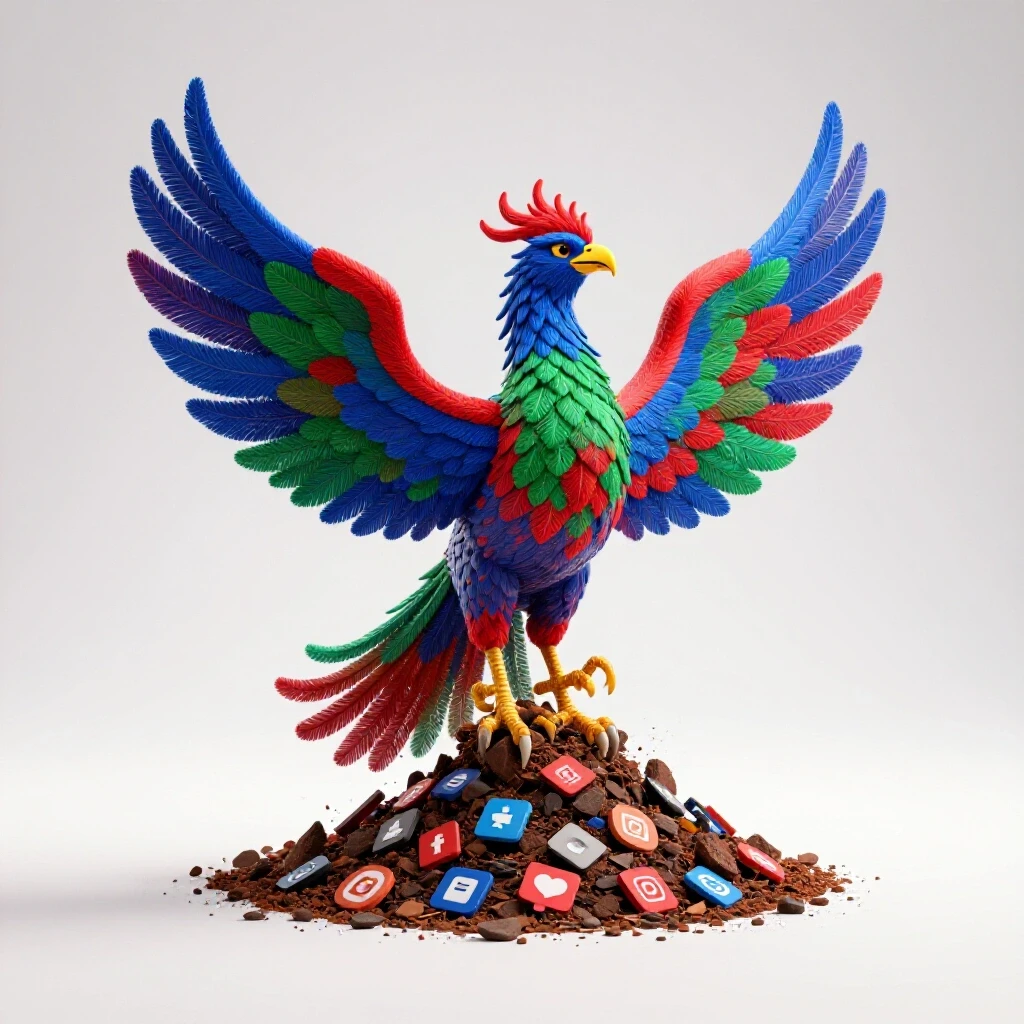 A colorful phoenix rising from ashes made of social media icons, symbolizing community recovery.