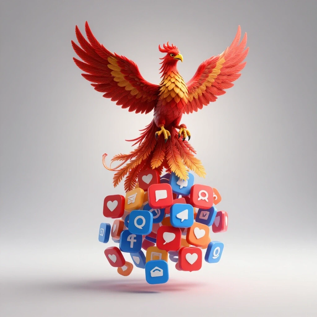 A vibrant phoenix rising from colorful social media icons, symbolizing recovery and transformation.