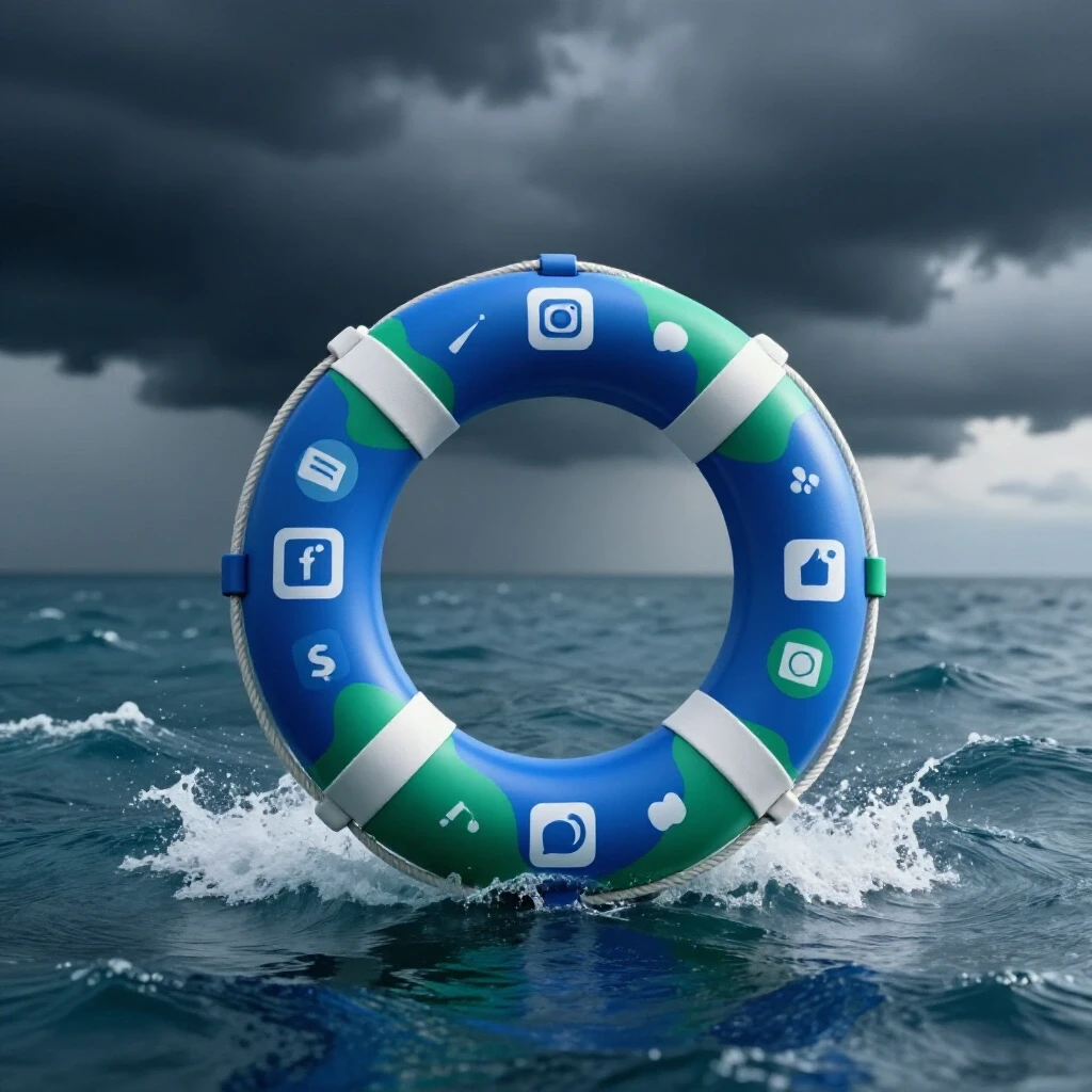 A vibrant lifebuoy with social media icons floating in turbulent water, symbolizing client retention in social media consulting.