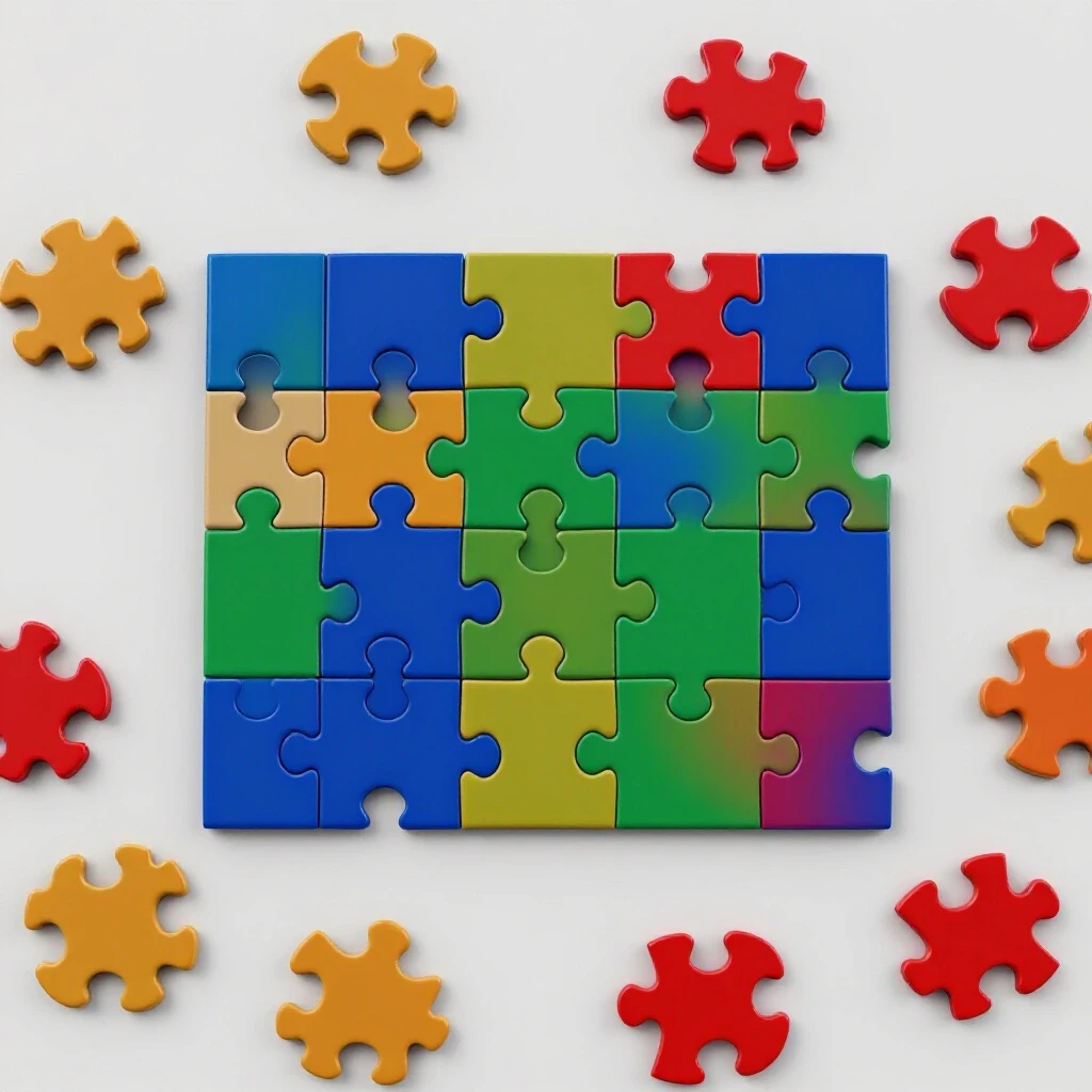 A completed colorful jigsaw puzzle with scattered mismatched pieces around it on a light grey background, symbolizing client revisions.