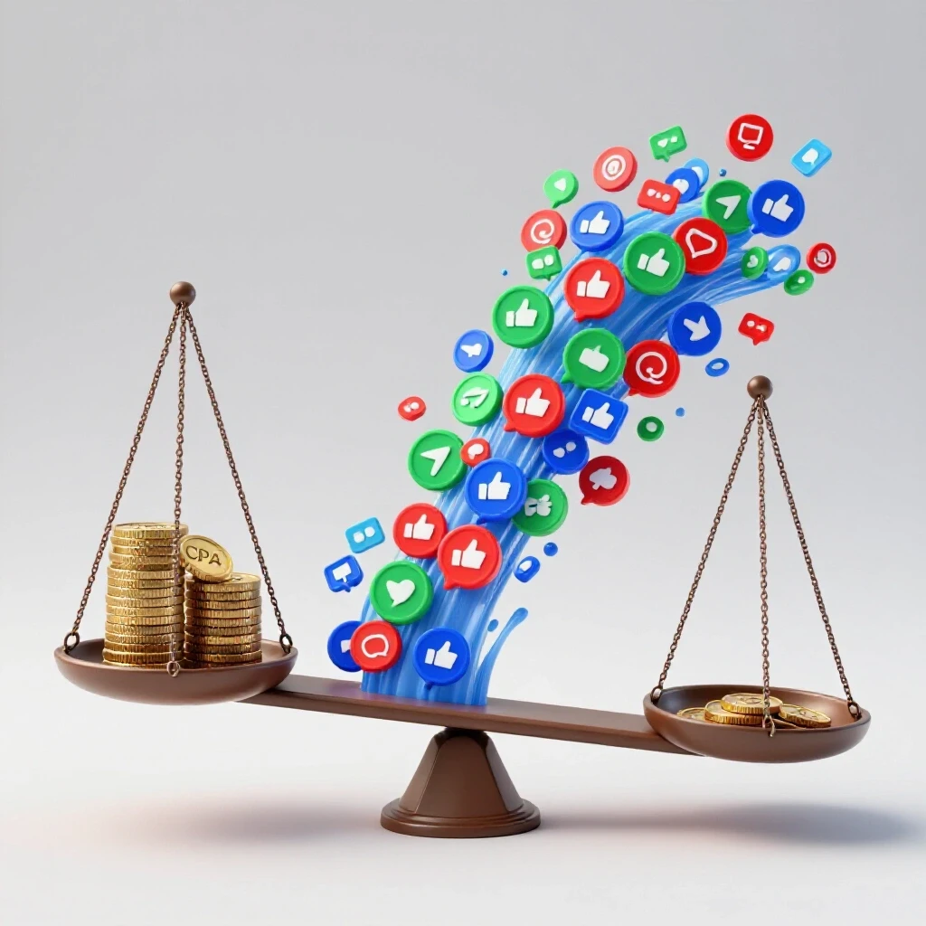 A balancing scale with a stack of coins on one side and vibrant social media icons on the other, symbolizing CPA vs. engagement.