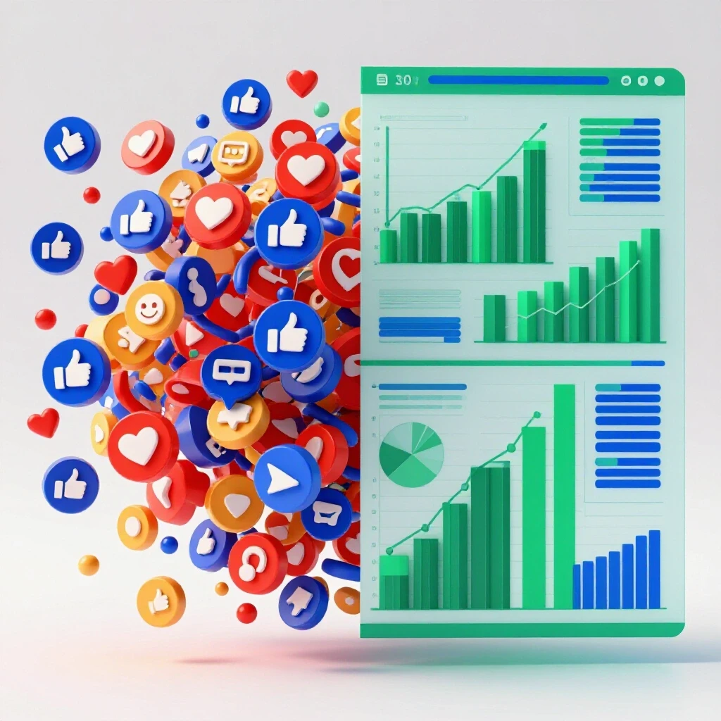 A split image illustrating social media hype with chaotic icons and structured data charts, symbolizing data reliance.