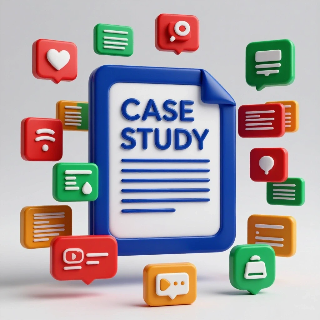 A visually engaging collage of a central case study document surrounded by colorful social media icons, showcasing dynamic post formats.