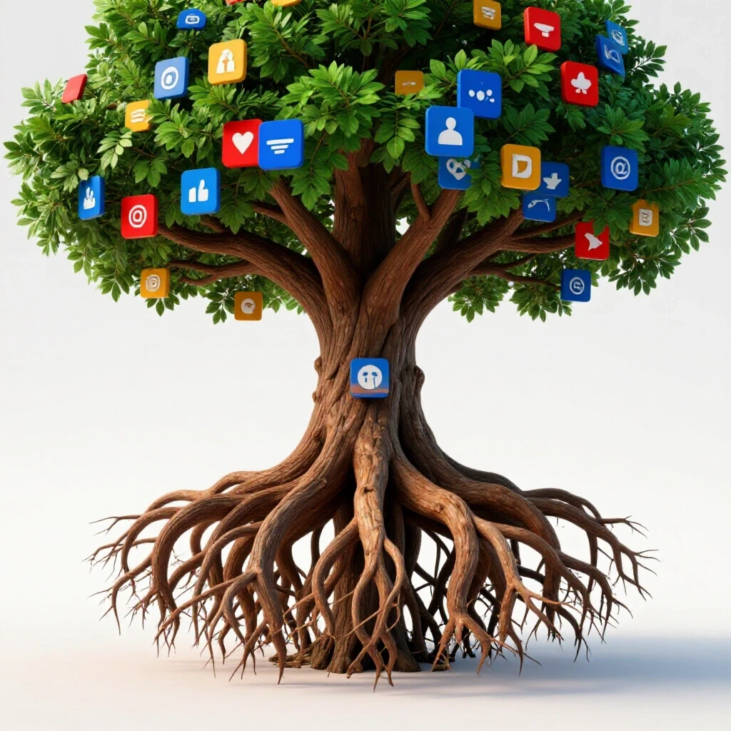 A sturdy tree with colorful social media icons as leaves, symbolizing long-term client retention in consulting.
