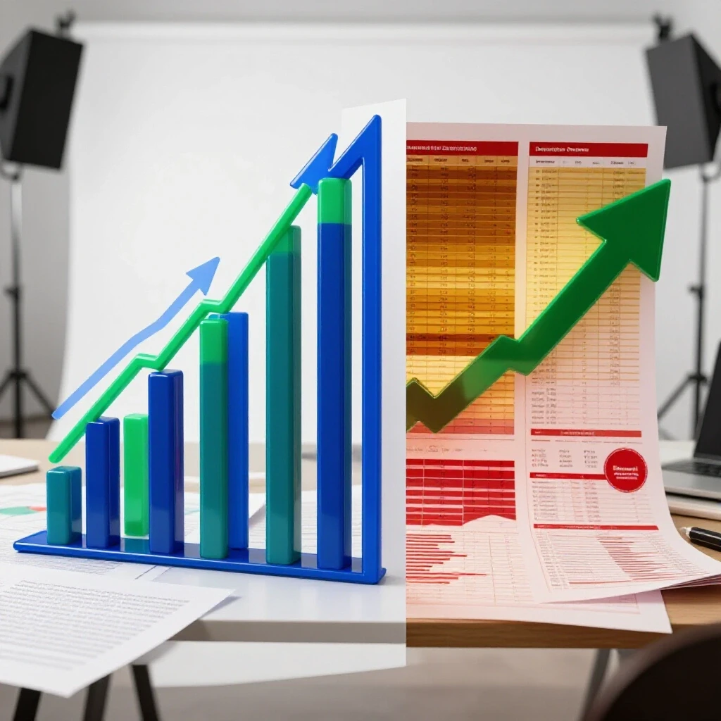 A split-screen visual contrasting a vibrant upward graph symbolizing social media growth and a cluttered desk filled with quarterly reports.
