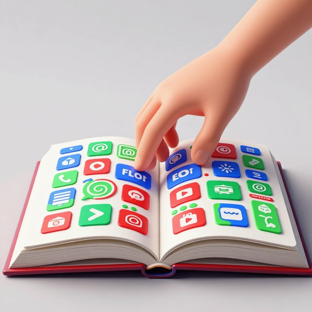 A vibrant open book with icons of social media platforms and a hand reaching to turn the page, symbolizing revision.