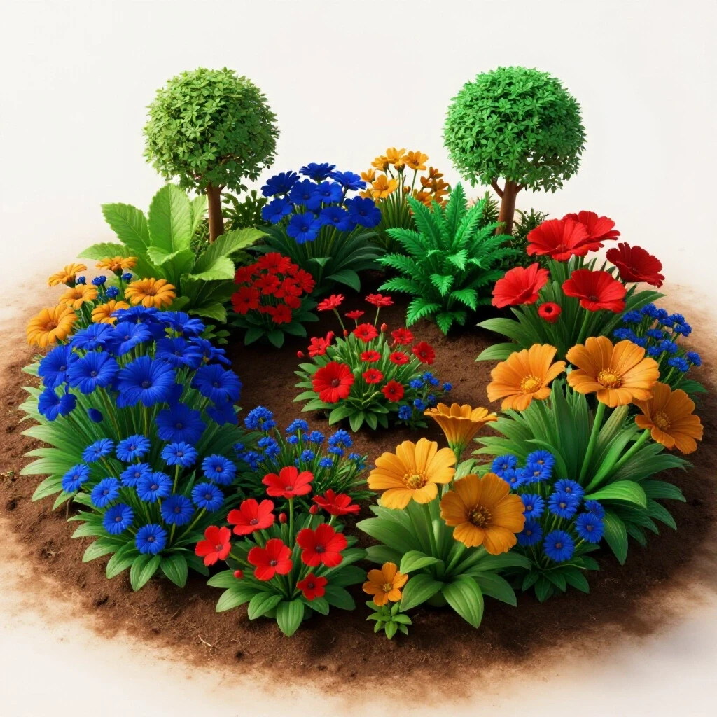 Vibrant garden of colorful flowers symbolizing creative growth amidst a barren landscape on a budget.