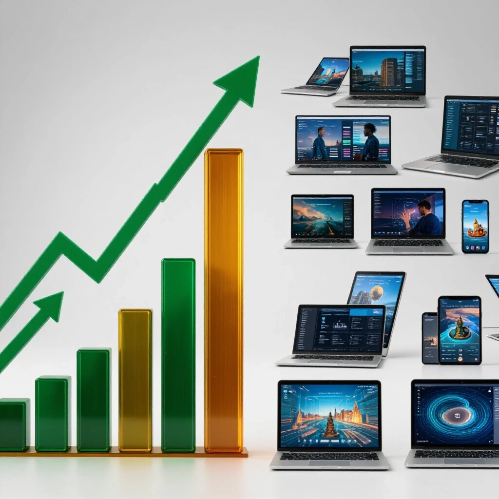 A vibrant split-screen image showing an upward-trending graph and digital devices interacting, representing social media growth.