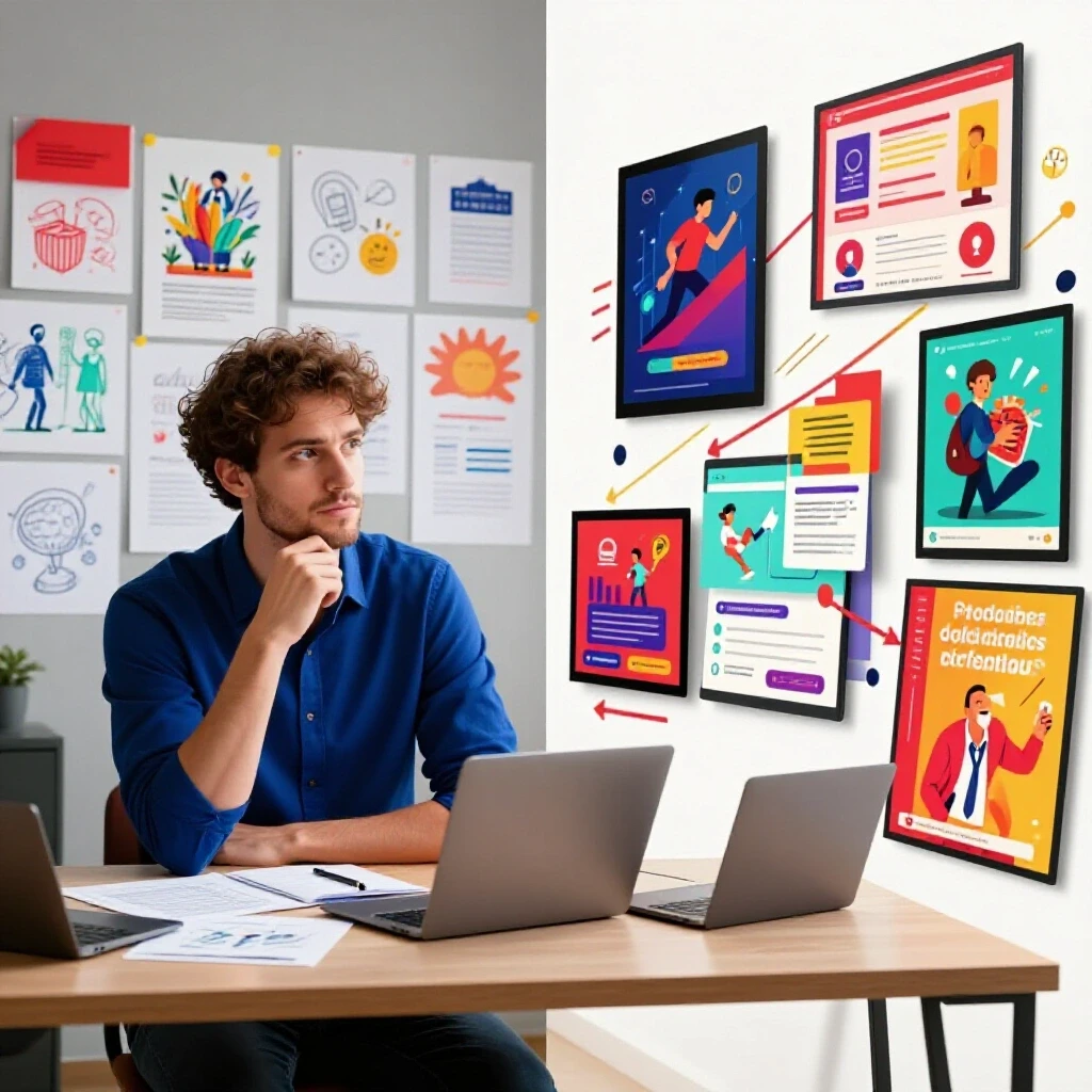A split-screen image showcasing a founder brainstorming ads on one side and vibrant social media advertisements on the other, emphasizing creativity and growth.