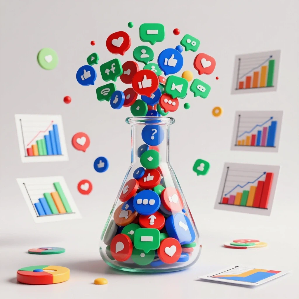 A vibrant 3D experiment flask overflowing with social media icons, surrounded by colorful charts and graphs, symbolizing social media marketing experiments.