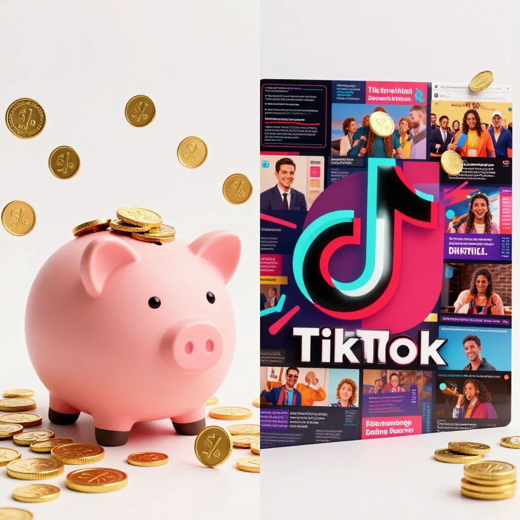 A split image showing a piggy bank filled with coins alongside a vibrant TikTok logo and ad visuals.