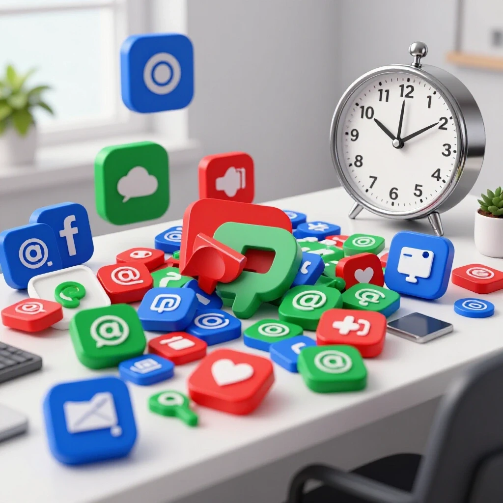 A dynamic image contrasting a chaotic desk filled with colorful social media icons with a serene workspace and clock symbolizing saved time.
