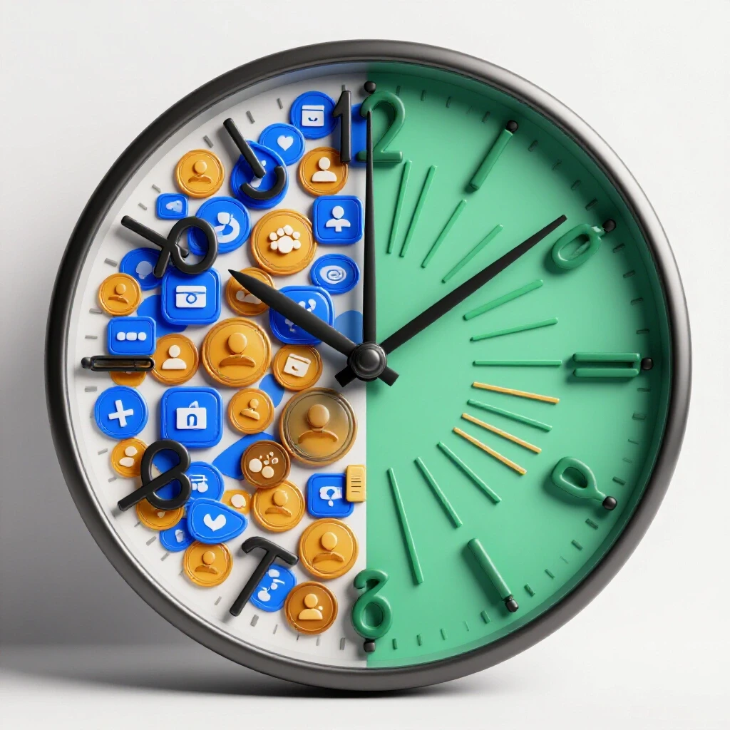 A visually striking 3D clock split in half, illustrating chaotic social media icons versus organized tools, emphasizing efficiency.