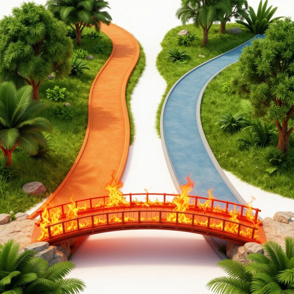 An artistic representation of two divergent paths, one fiery and chaotic, the other peaceful and lush, depicting decision-making.