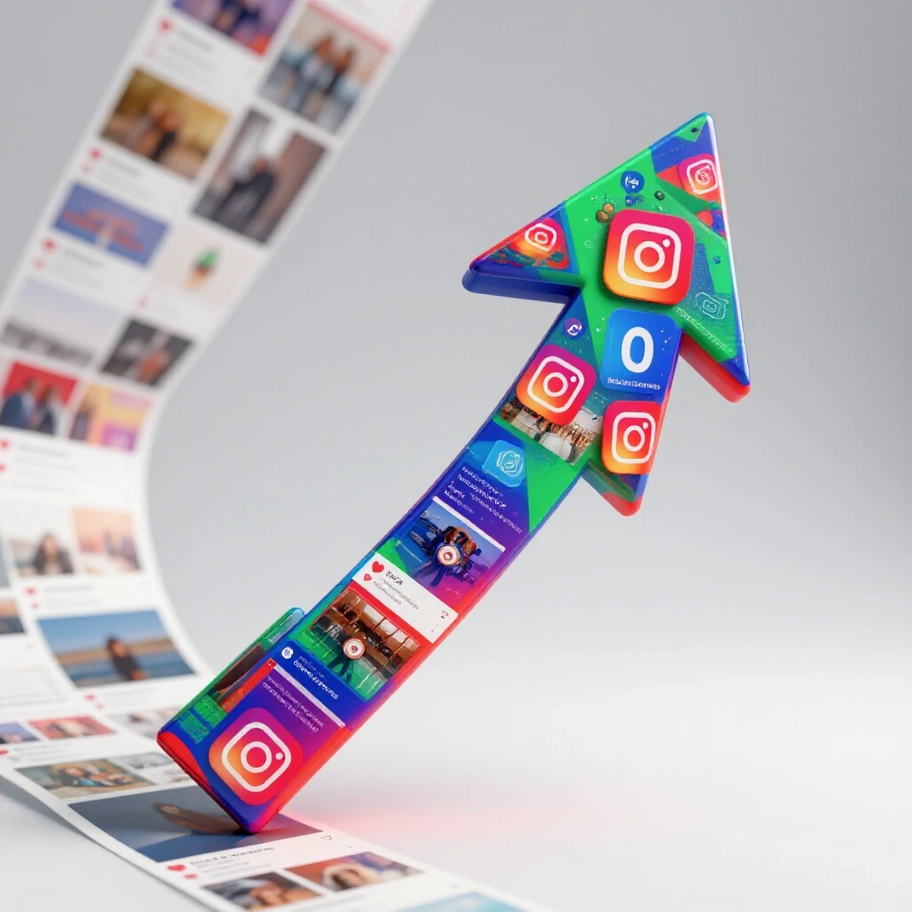 A dynamic 3D composition featuring a vibrant arrow made of Instagram story elements, symbolizing growth against a light backdrop.