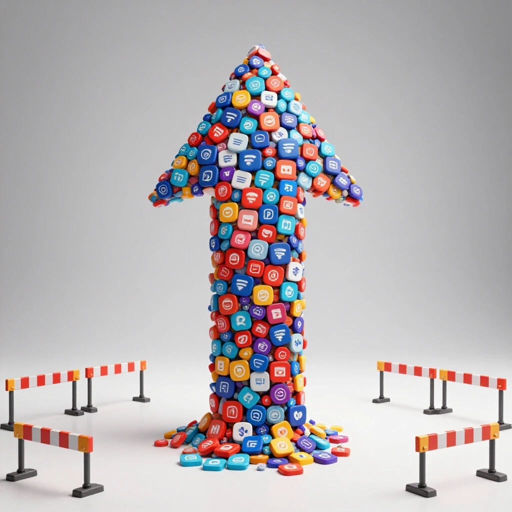 3D-rendered image of an upward arrow made of retargeting ad icons surrounded by obstacles, illustrating challenges in ad scaling.
