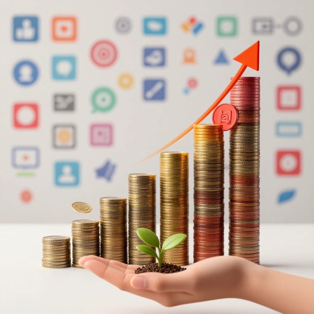 Colorful coins rising in a bar graph, symbolizing growth in social media ad spend, with blurred social media icons in the background.