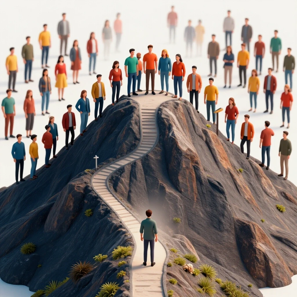 A dynamic visual representation showing a solitary figure at the base of a mountain leading to a vibrant team at the top, symbolizing growth in social media advertising.