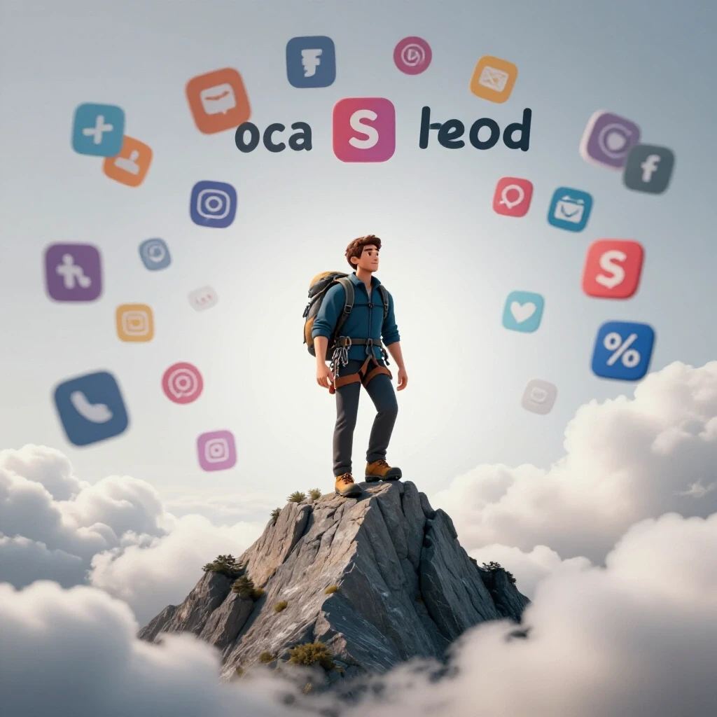 A calm climber ascending a steep peak amid swirling clouds, symbolizing the stress-free journey of scaling a social media agency.