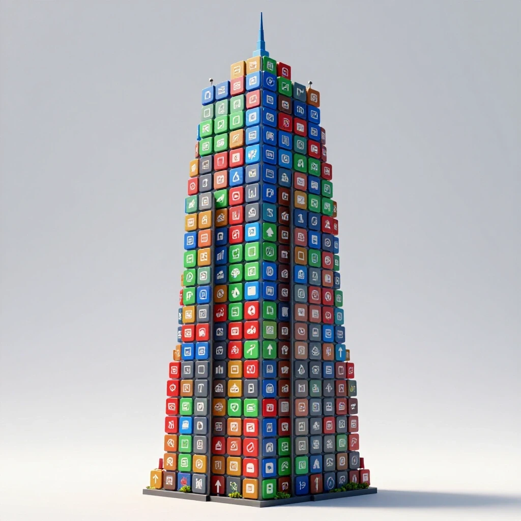 A 3D skyscraper composed of vibrant social media icons illustrating agency growth and scalability.