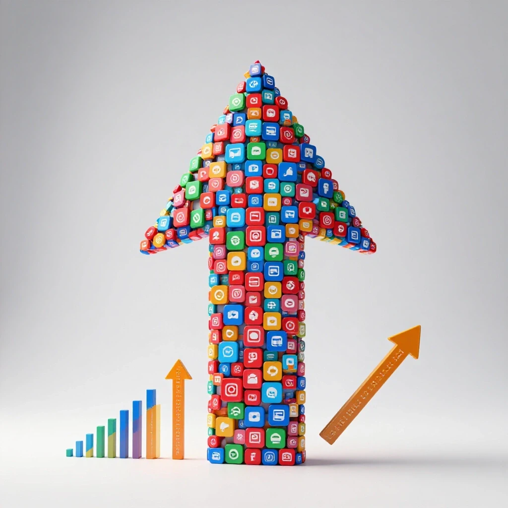 A large upward-pointing arrow made of colorful social media icons, symbolizing growth in campaigns against a bright background.