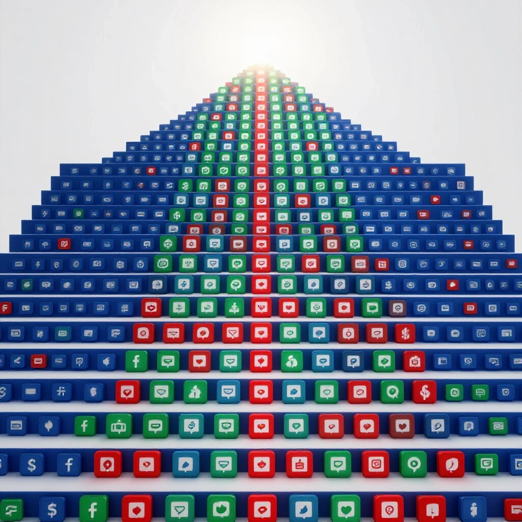 A vibrant staircase made of social media icons leading to a glowing summit, symbolizing growth and success.