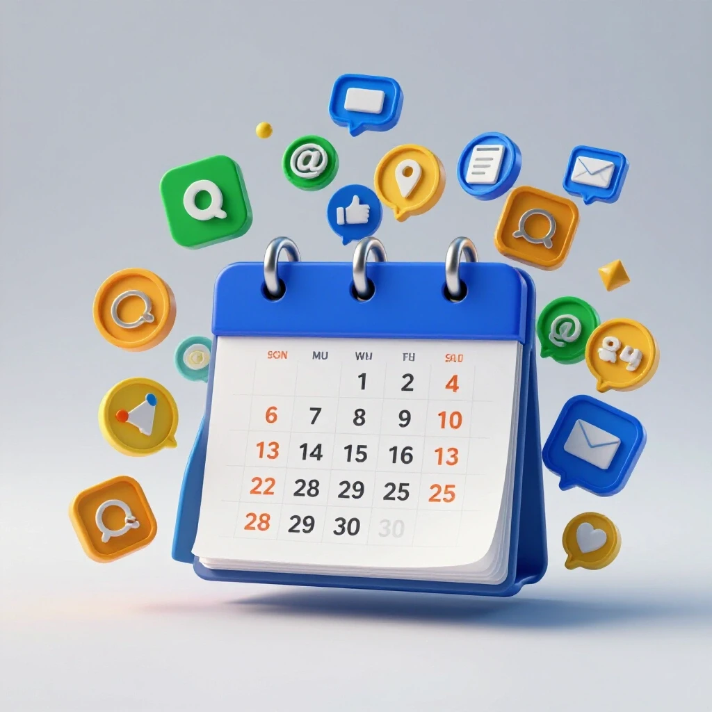 A vibrant 3D-rendered calendar overflowing with colorful social media icons symbolizing content scheduling.