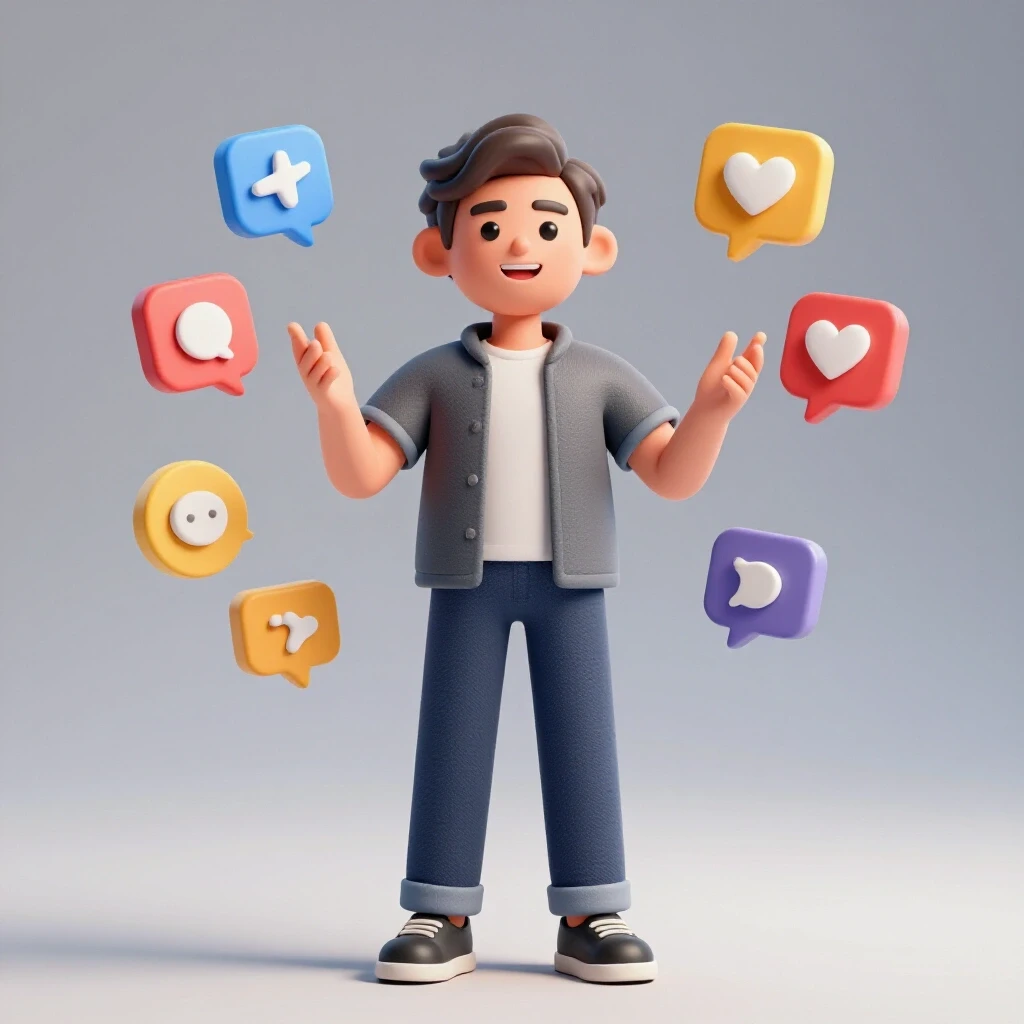 A confident figure conversing with floating social media icons in a bright studio setting, symbolizing effective communication.