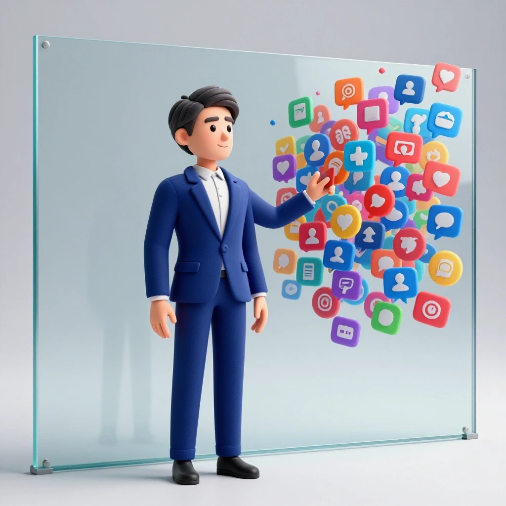 A confident consultant stands behind a glass wall as chaotic social media icons swirl around, symbolizing boundaries.