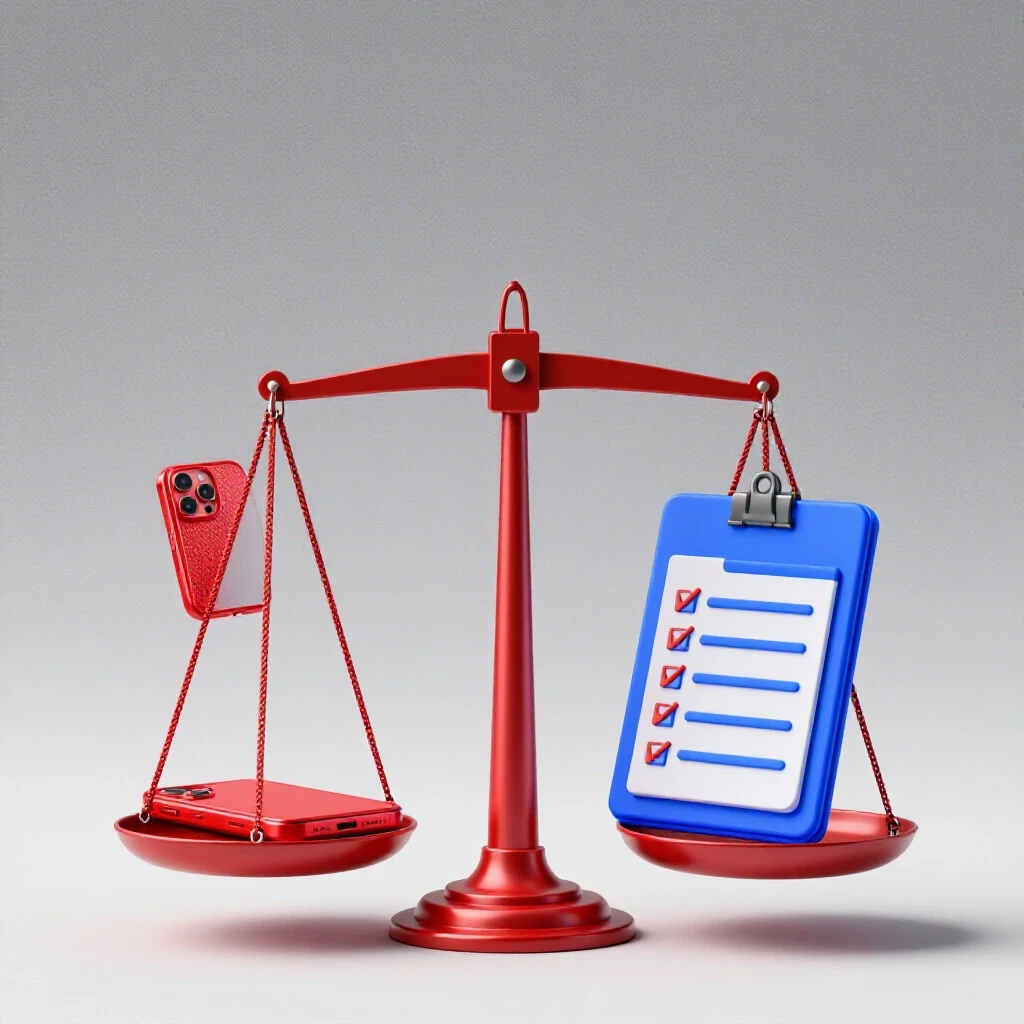A balanced scale with a smartphone on one side and a checklist on the other, symbolizing social media expectations vs reality.