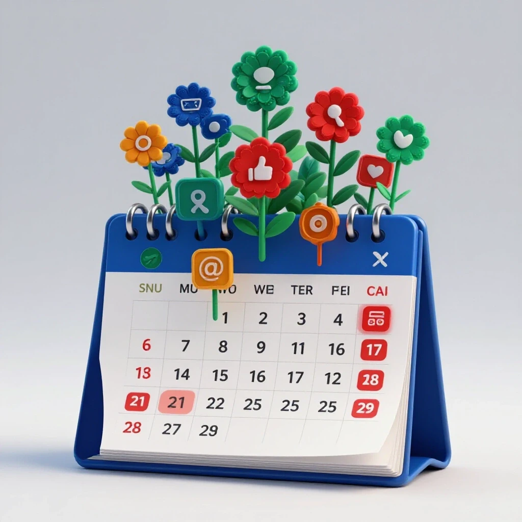 A vibrant 3D-rendered calendar with colorful social media icons emerging like flowers against a bright background.