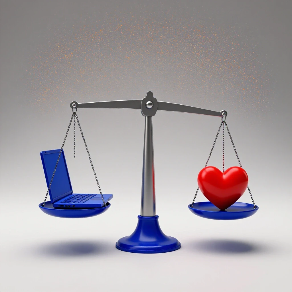 3D-rendered balance scale with a laptop and heart, symbolizing professionalism and personal connection in online sharing.