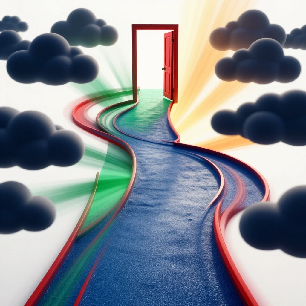 A winding path leading to a bright doorway, symbolizing opportunity amidst dark clouds and sunlight.