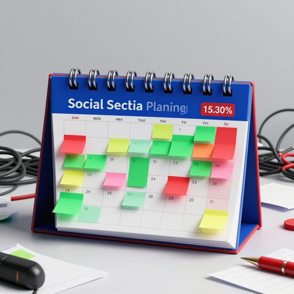 An organized desk with a colorful calendar and sticky notes amidst a chaotic backdrop of tangled wires and papers.