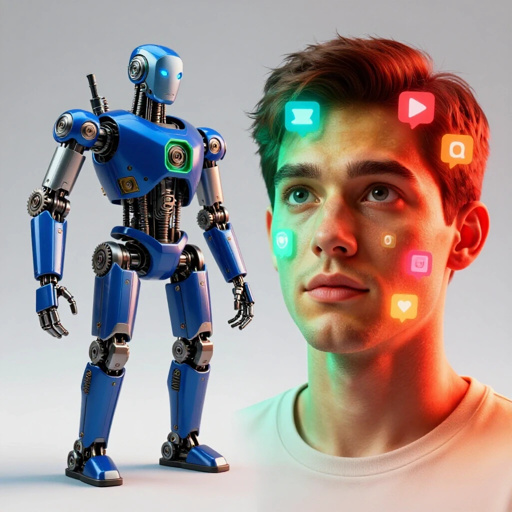 A visually striking split image showing a robotic figure and a vibrant human face in a digital landscape filled with social media icons.