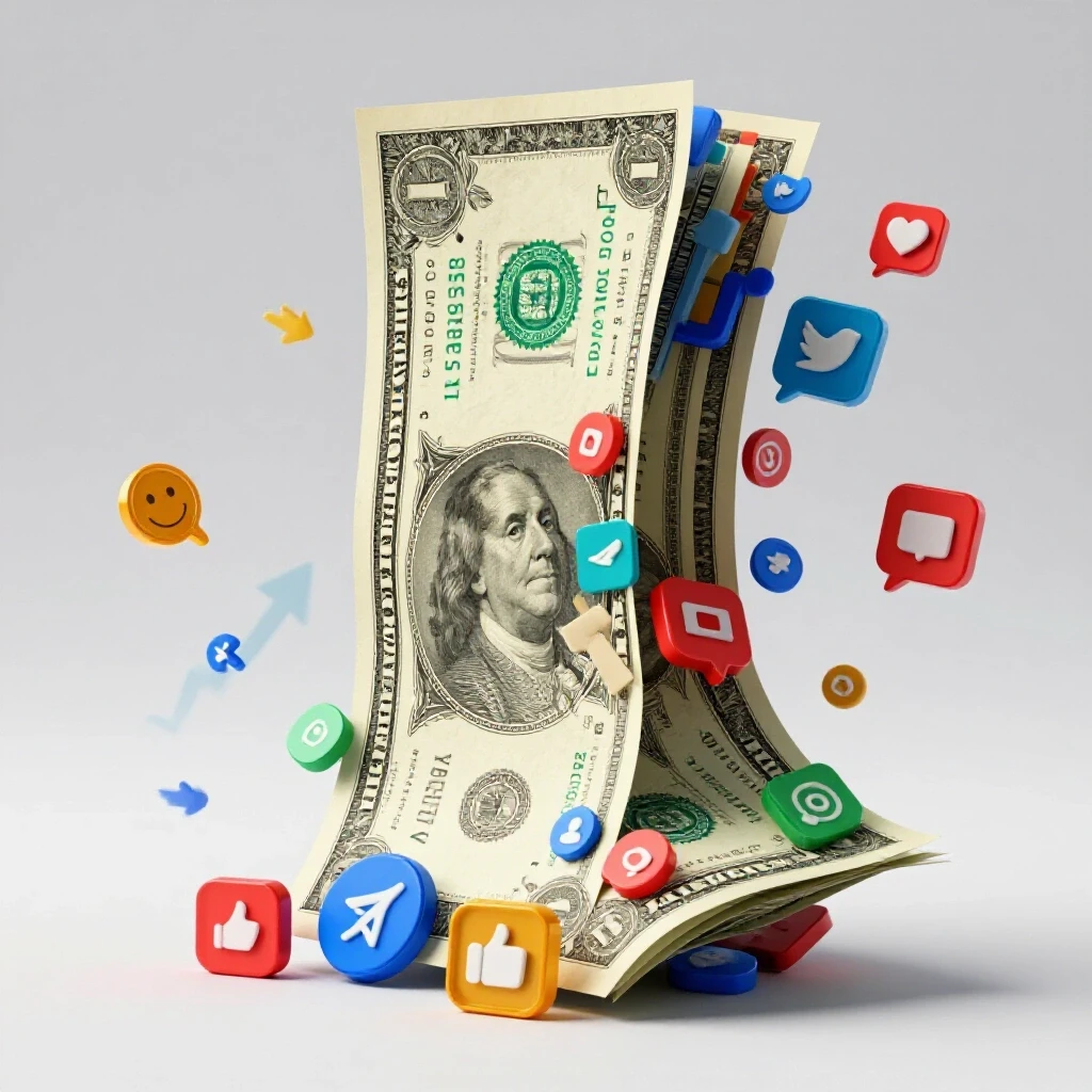 A vibrant dollar bill transforming into colorful social media icons against a bright white background, representing ad ROI.