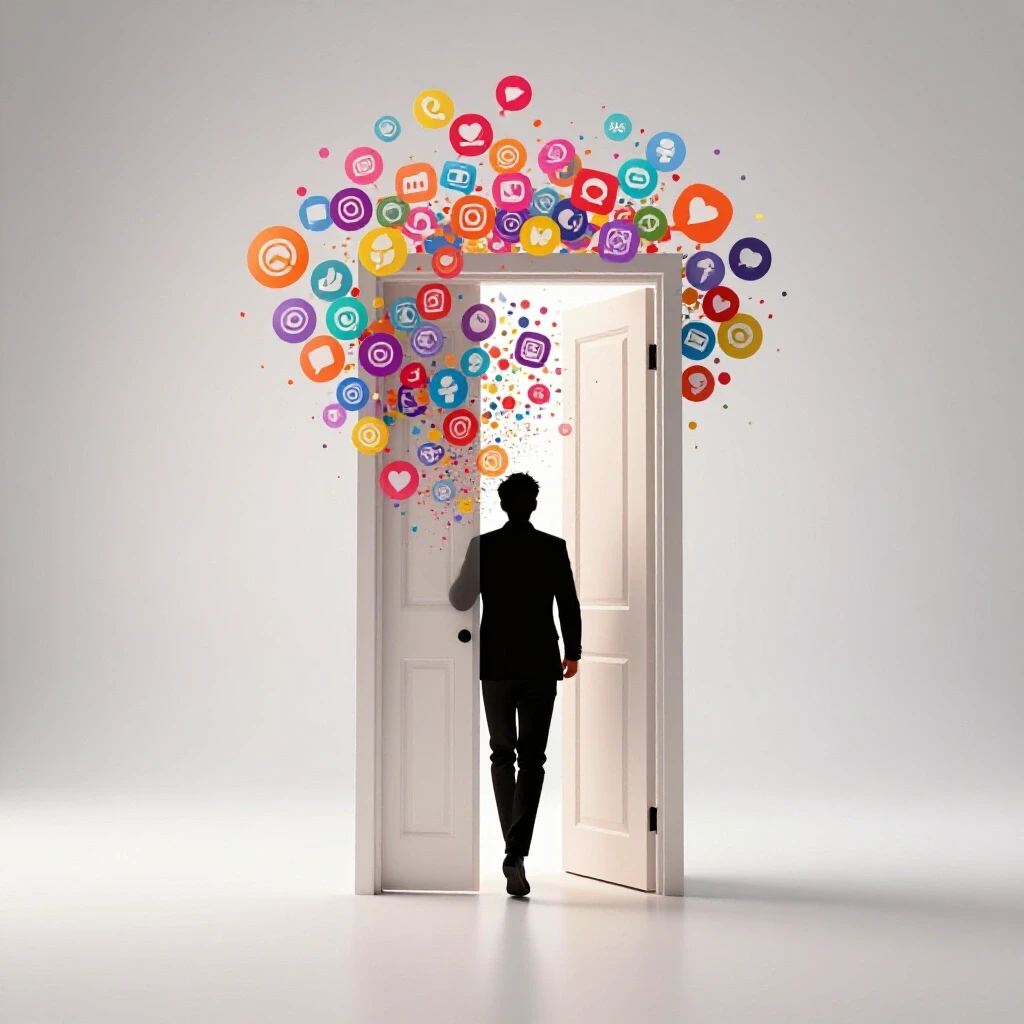A silhouette steps through a vibrant open door with colorful social media icons spilling out, representing new creator opportunities.