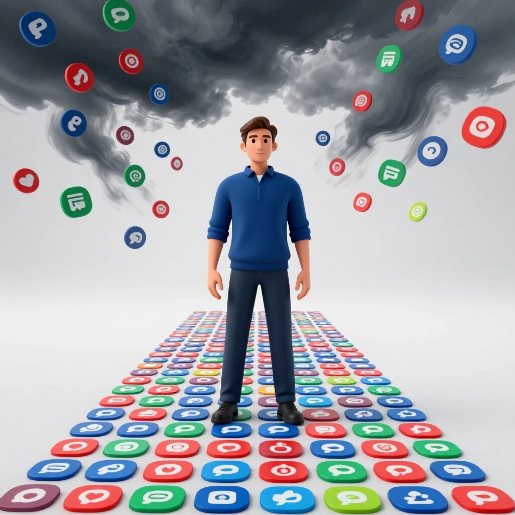A confident figure stands on a colorful path of social media icons, surrounded by chaos of trend symbols.