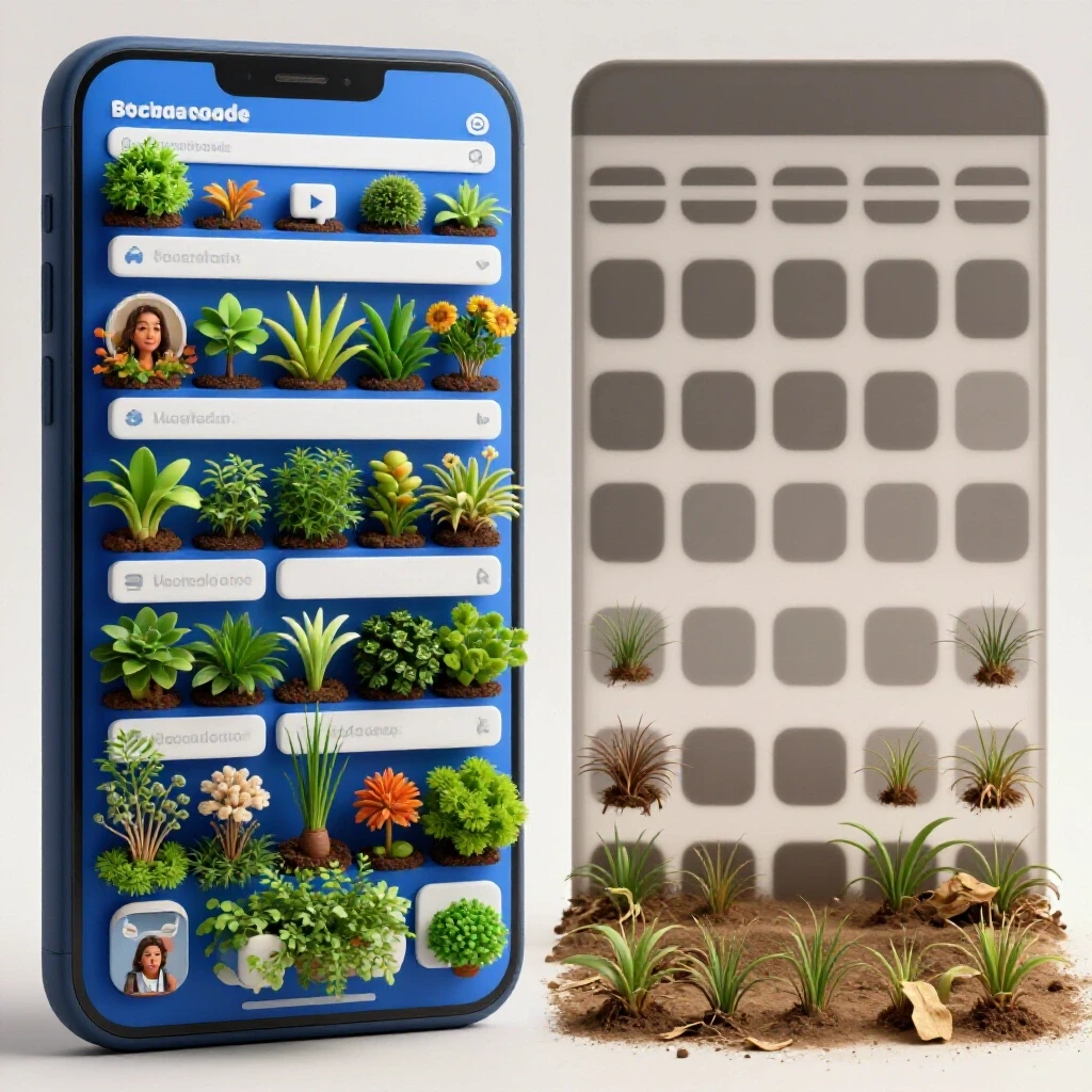 A split image showing a colorful social media feed on one side and a lifeless empty feed on the other, symbolizing audience engagement contrast.