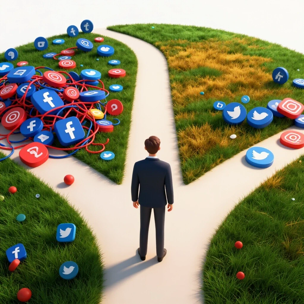 A visual metaphor of a crossroads illustrating the choice between social media confusion and genuine growth.