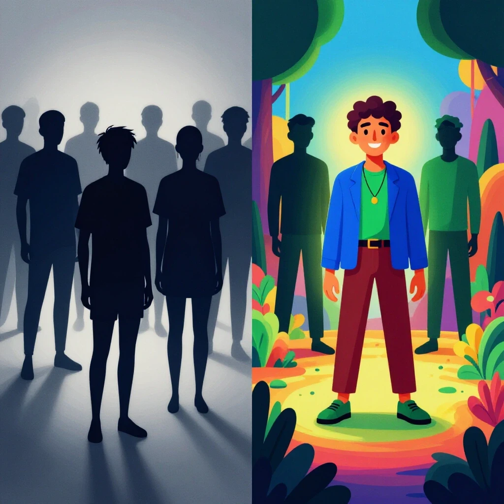 A split image showing shadowy figures of big creators on one side, and a unique character in a vibrant environment on the other, symbolizing originality.