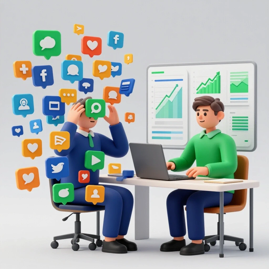 A split image showing a social media consultant overwhelmed by chaos on one side and confidently managing an organized workspace on the other, illustrating transformation.