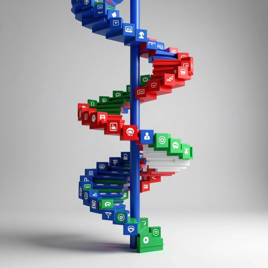 A vivid staircase made of social media icons spiraling upwards, symbolizing growth and success in social media marketing.