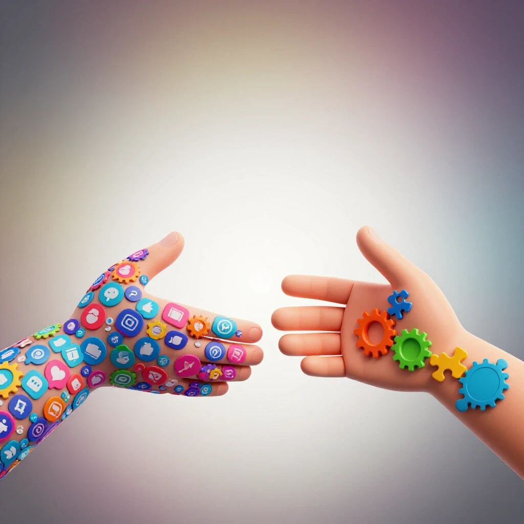 Two hands reaching towards each other, one decorated with social media icons and the other with collaboration symbols in vibrant colors.