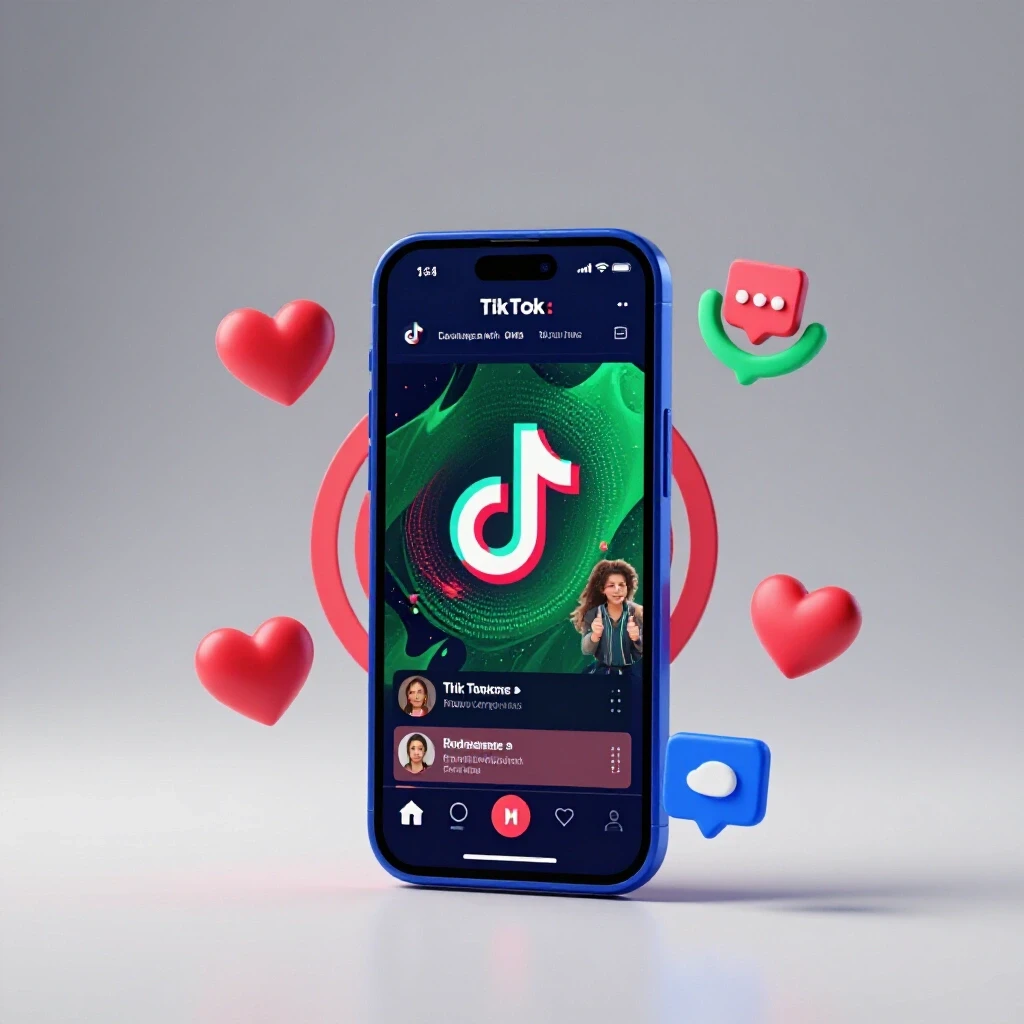 A smartphone displaying a TikTok video surrounded by vibrant engagement metrics like hearts and comments, with a bullseye backdrop symbolizing retargeting.