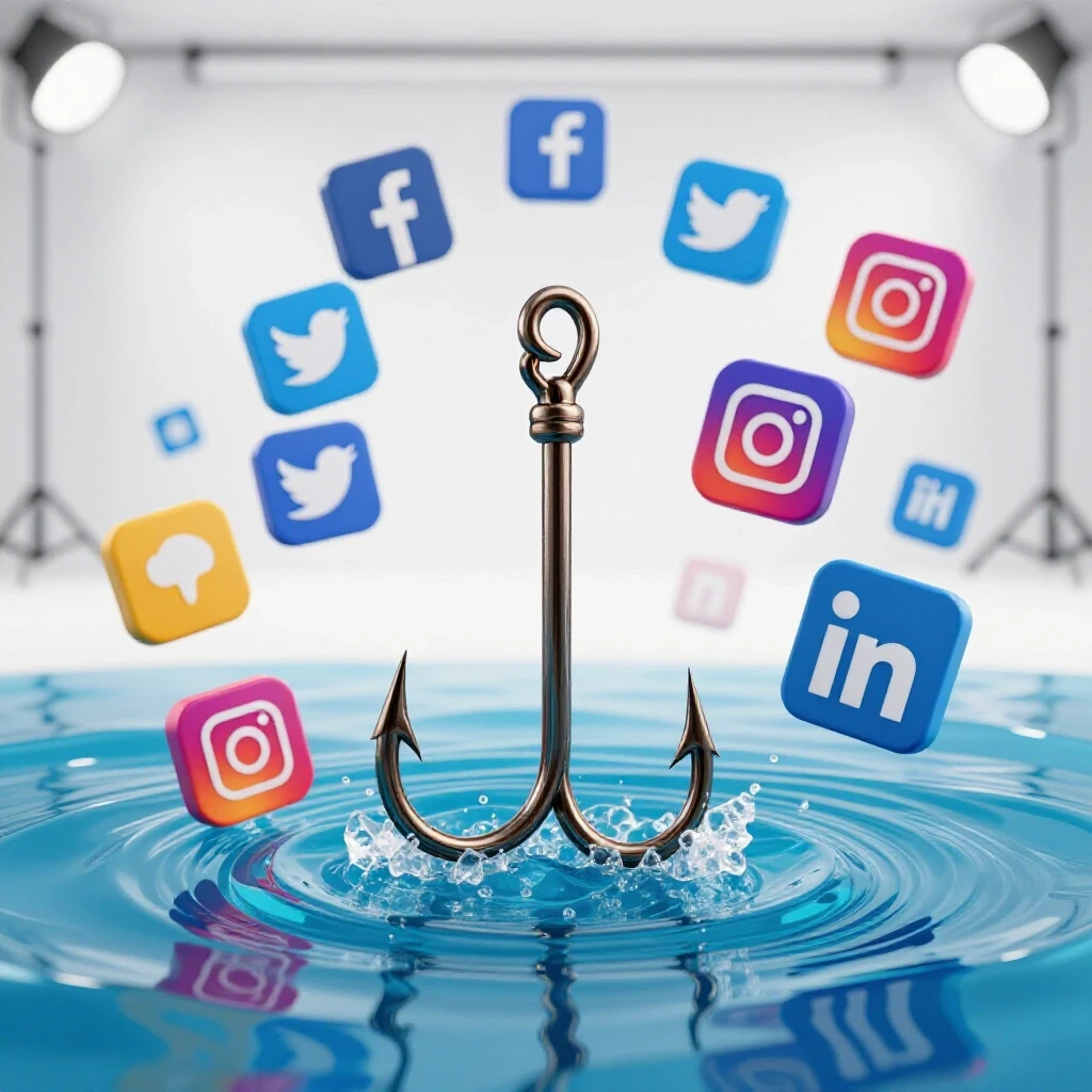 A fishing hook emerges from bright blue water, surrounded by colorful social media icons, symbolizing content testing.
